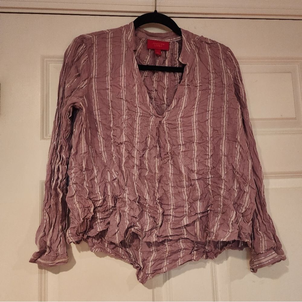 Jennifer Lopez pink and silver striped long sleeve blouse M